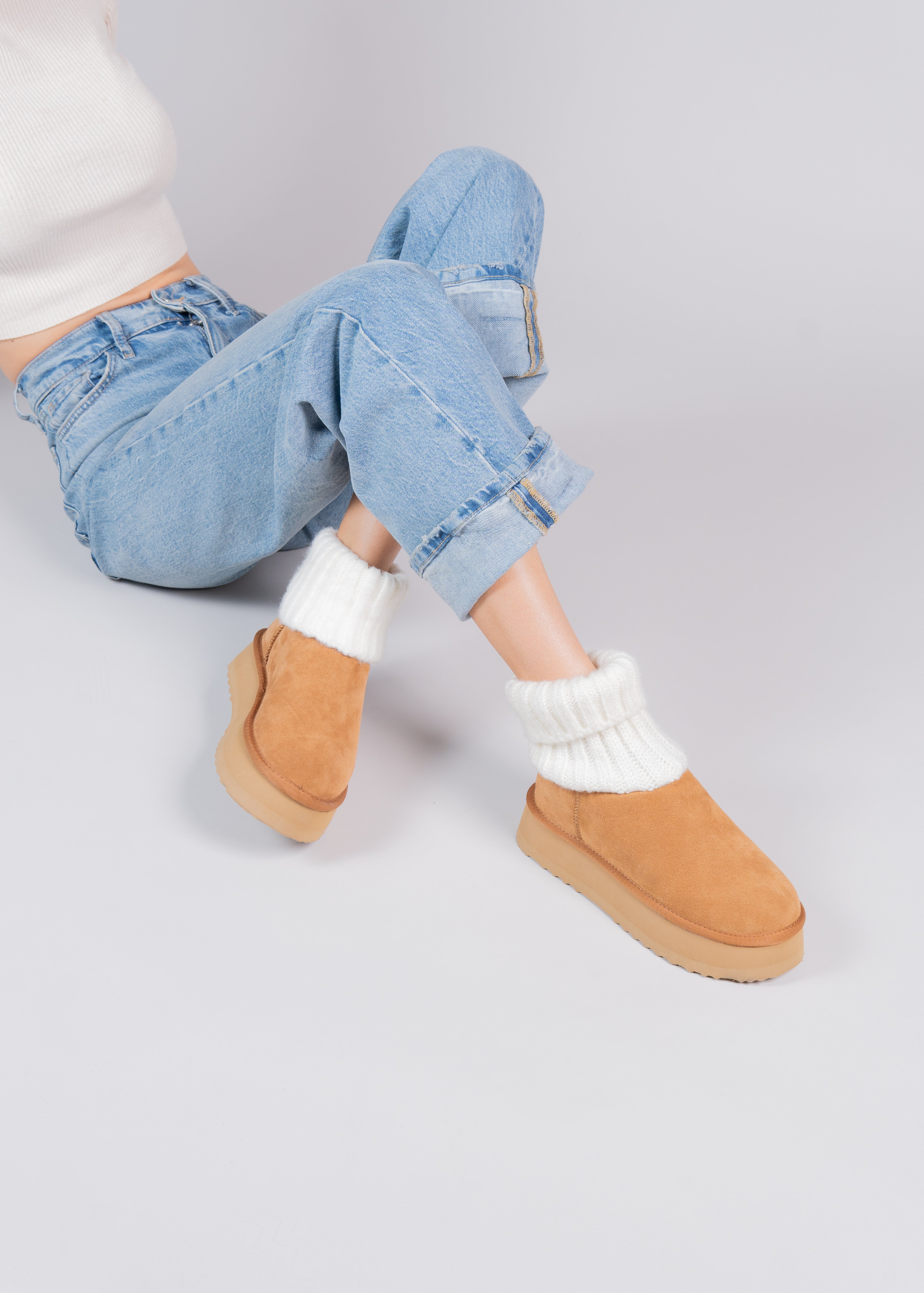 PENNY - CAMEL SUEDE AND KNIT ANKLE BOOT