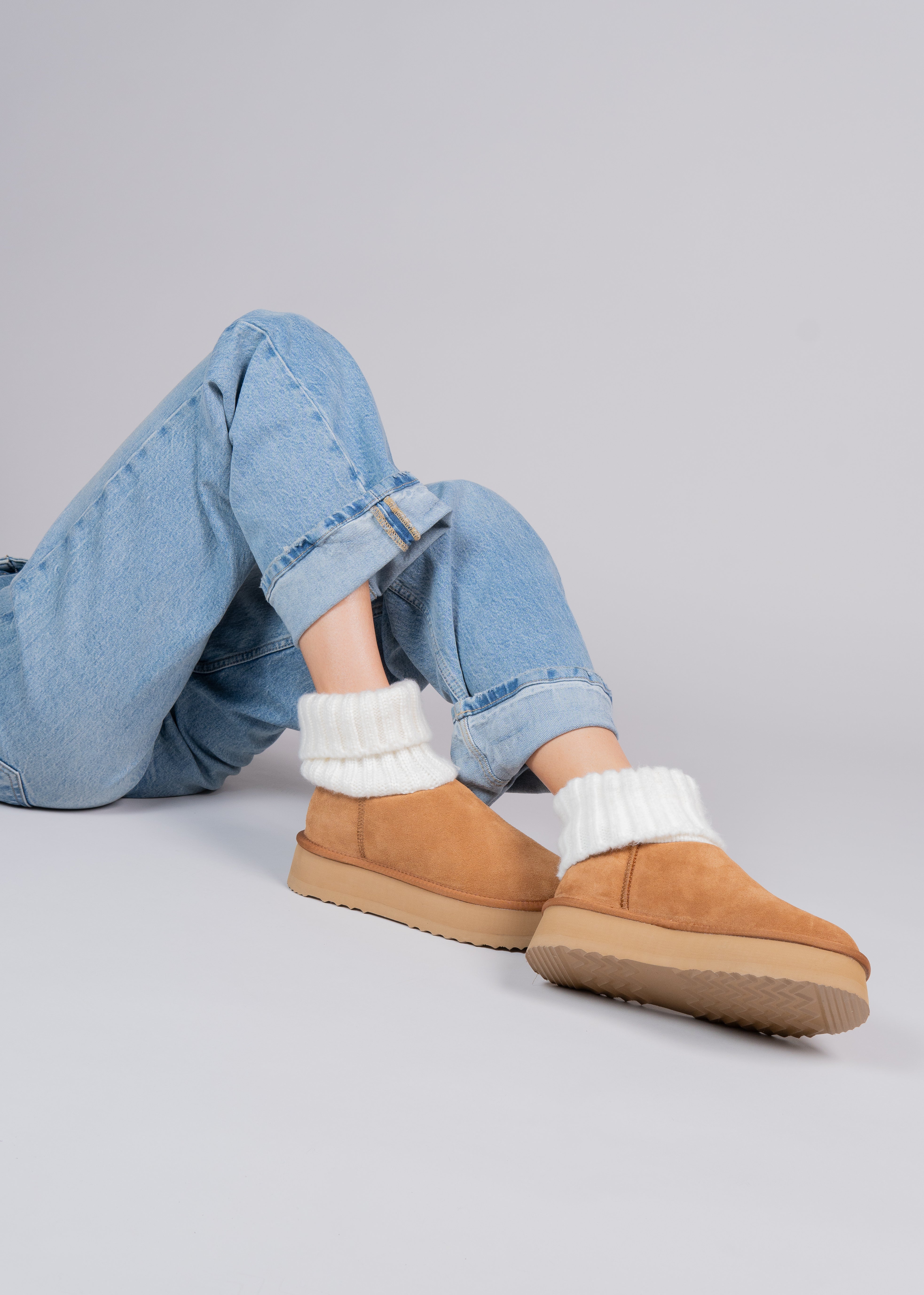 PENNY - CAMEL SUEDE AND KNIT ANKLE BOOT