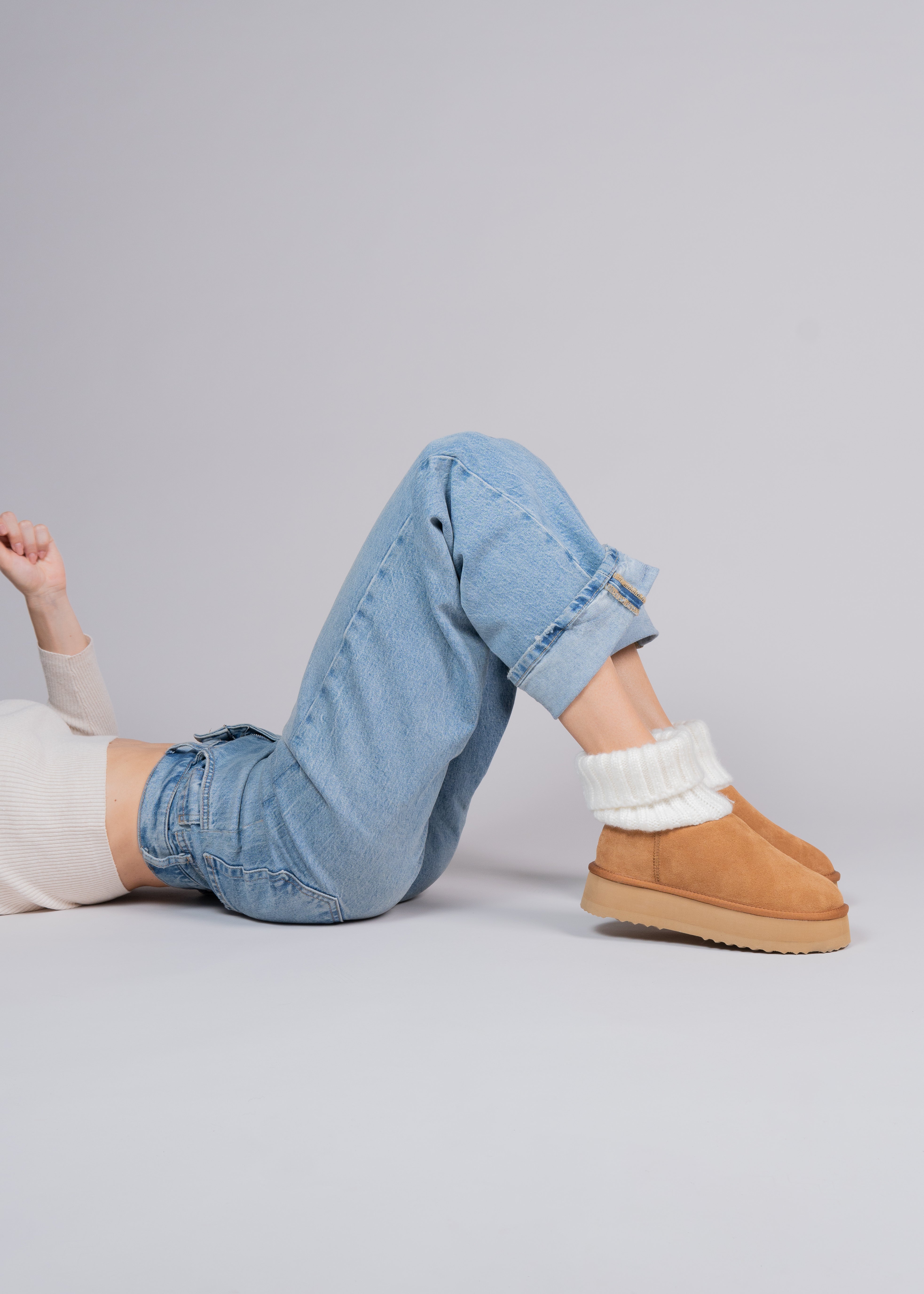 PENNY - CAMEL SUEDE AND KNIT ANKLE BOOT
