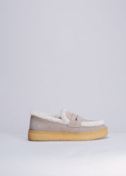 PATRISHA - TAUPE SUEDE LOAFER WITH SHEARLING