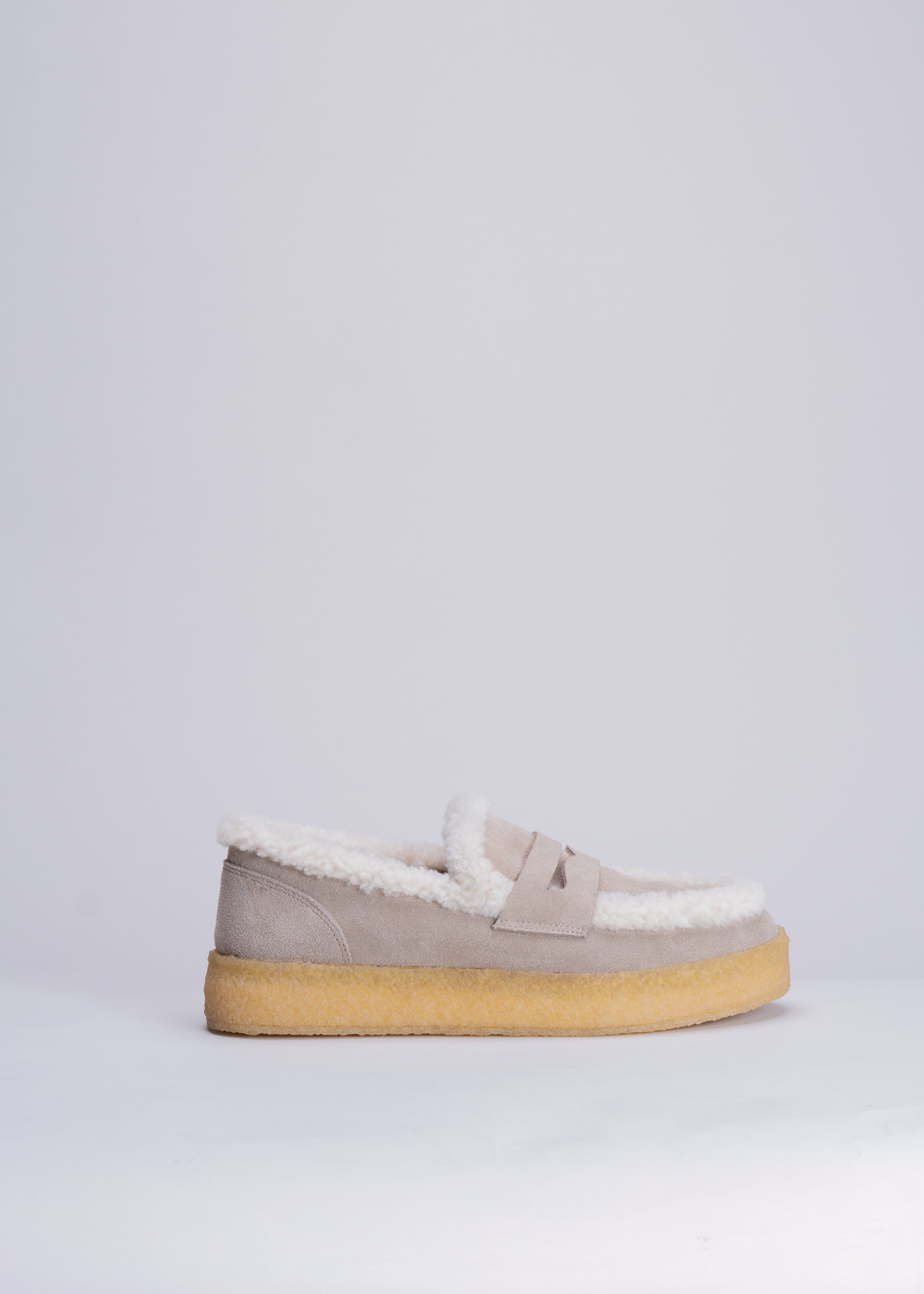 PATRISHA - TAUPE SUEDE LOAFER WITH SHEARLING