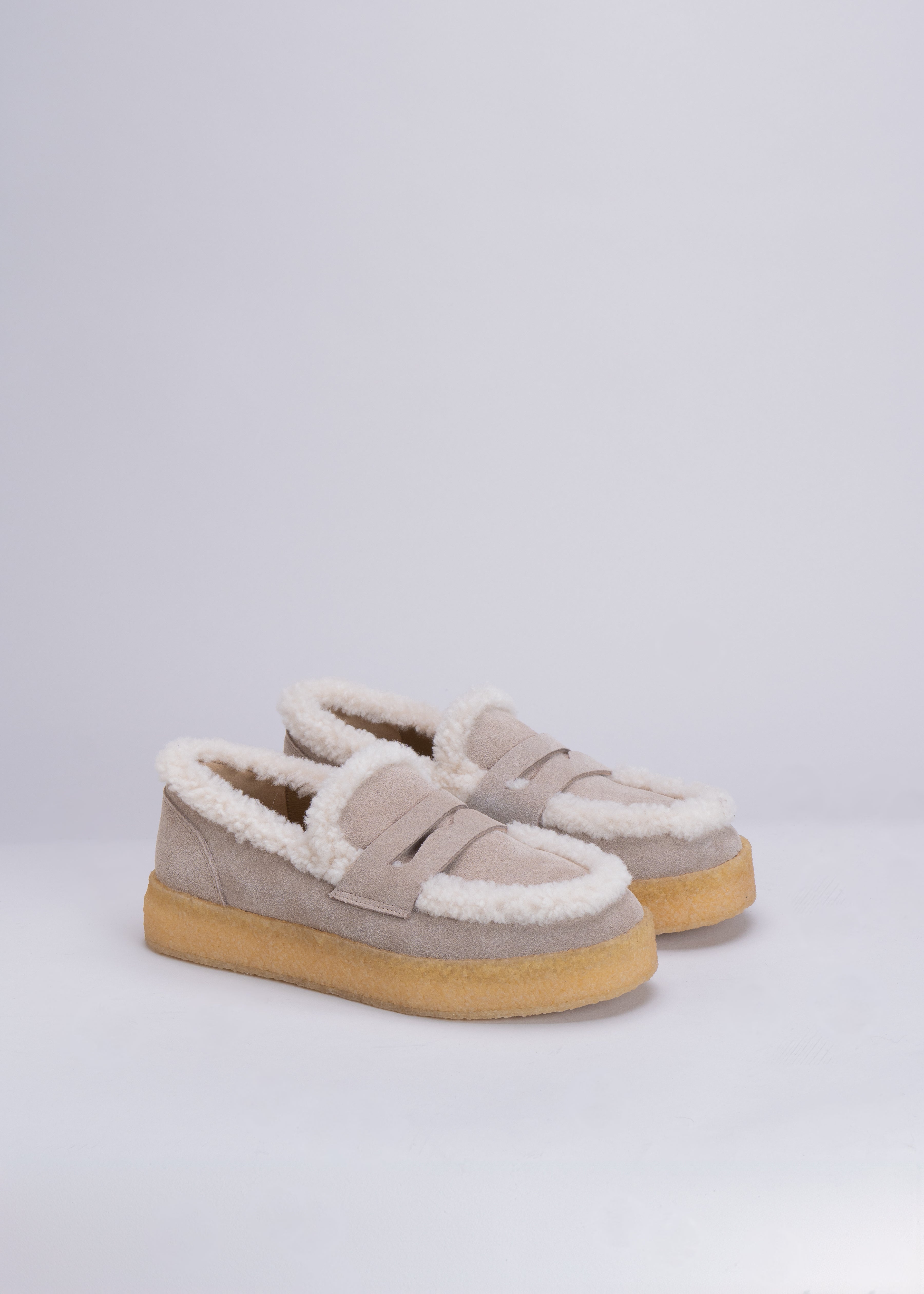 PATRISHA - TAUPE SUEDE LOAFER WITH SHEARLING