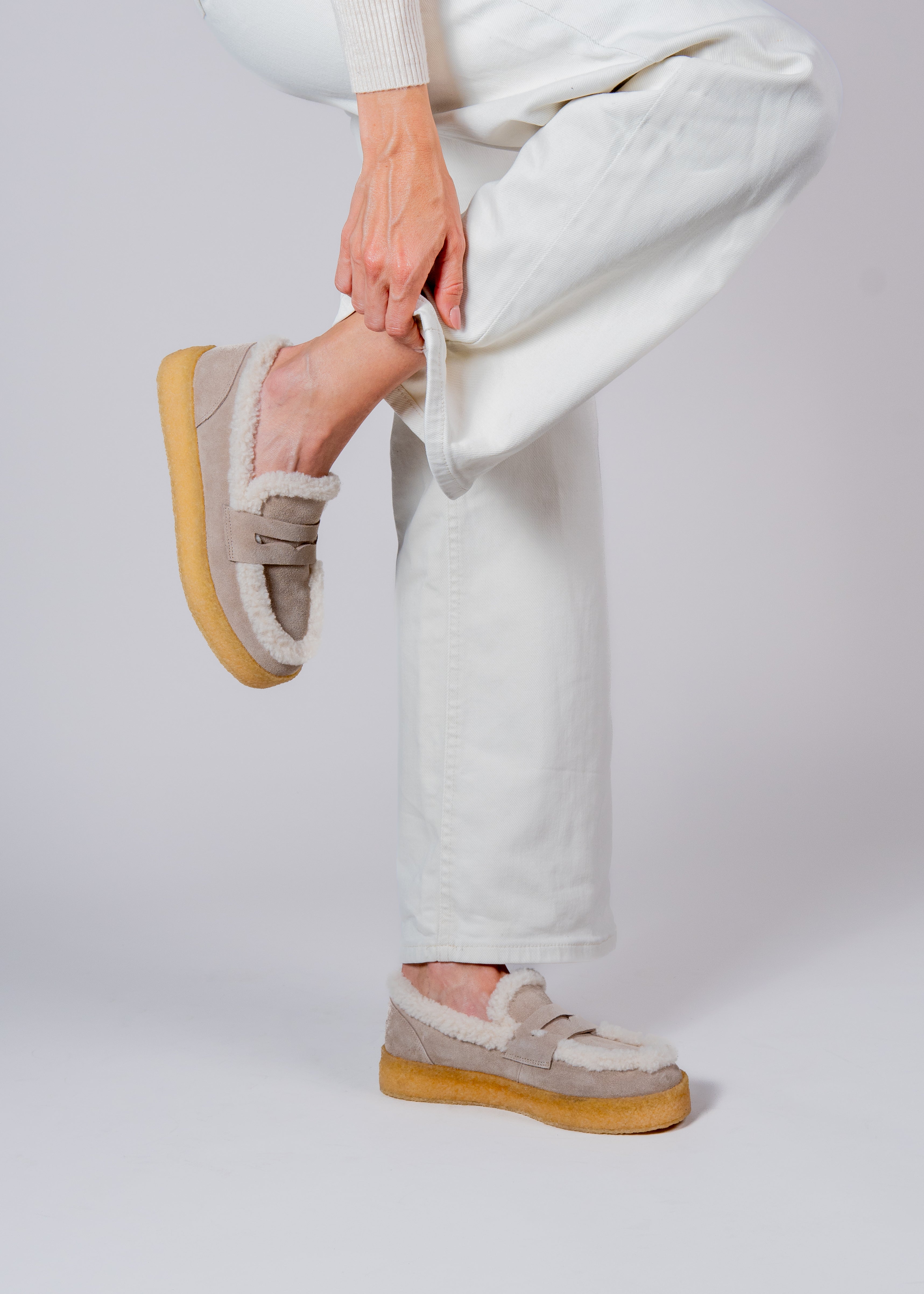 PATRISHA - TAUPE SUEDE LOAFER WITH SHEARLING