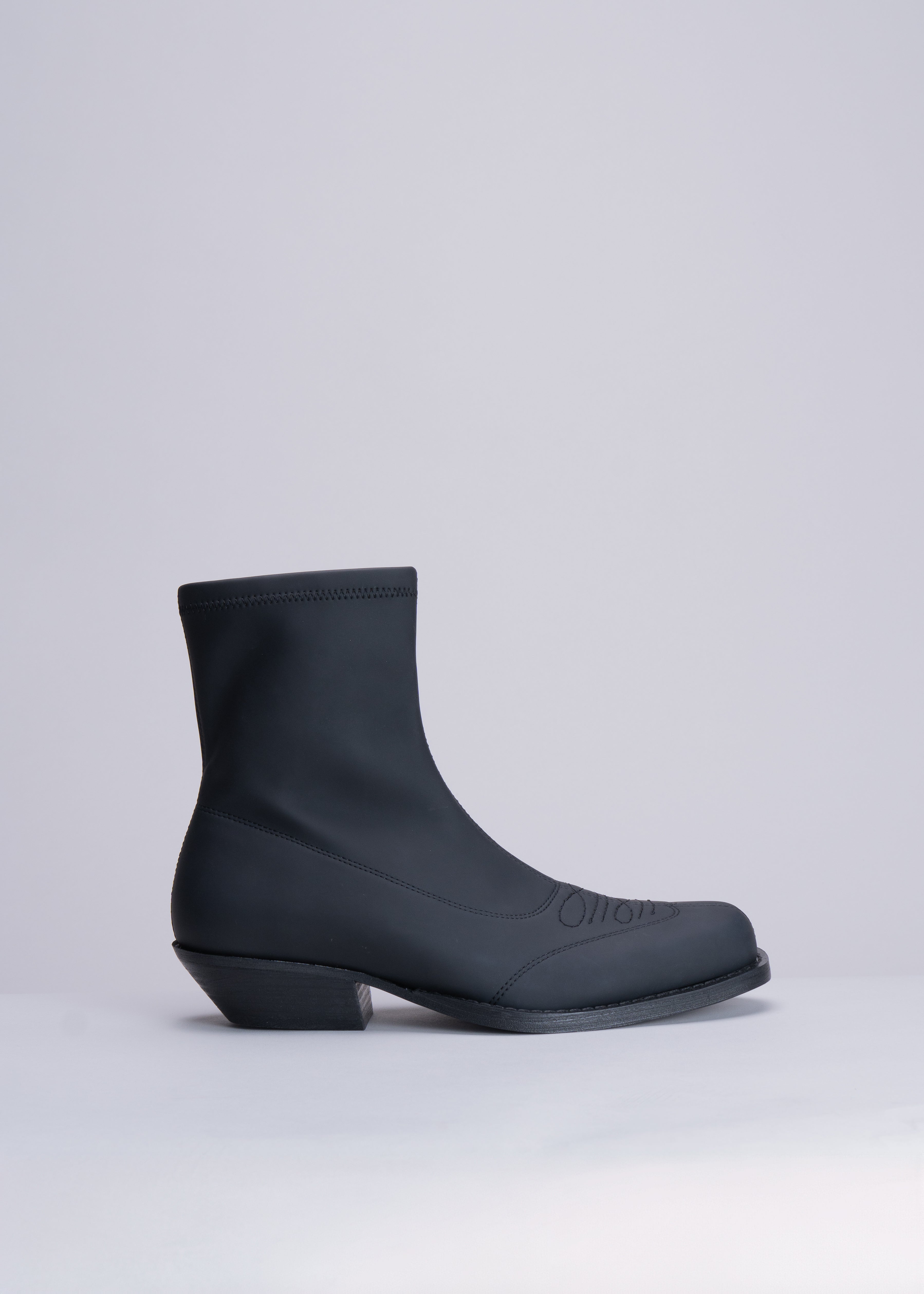 PAMELA - BLACK RUBBERIZED NEOPRENE STRETCH ANKLE BOOT