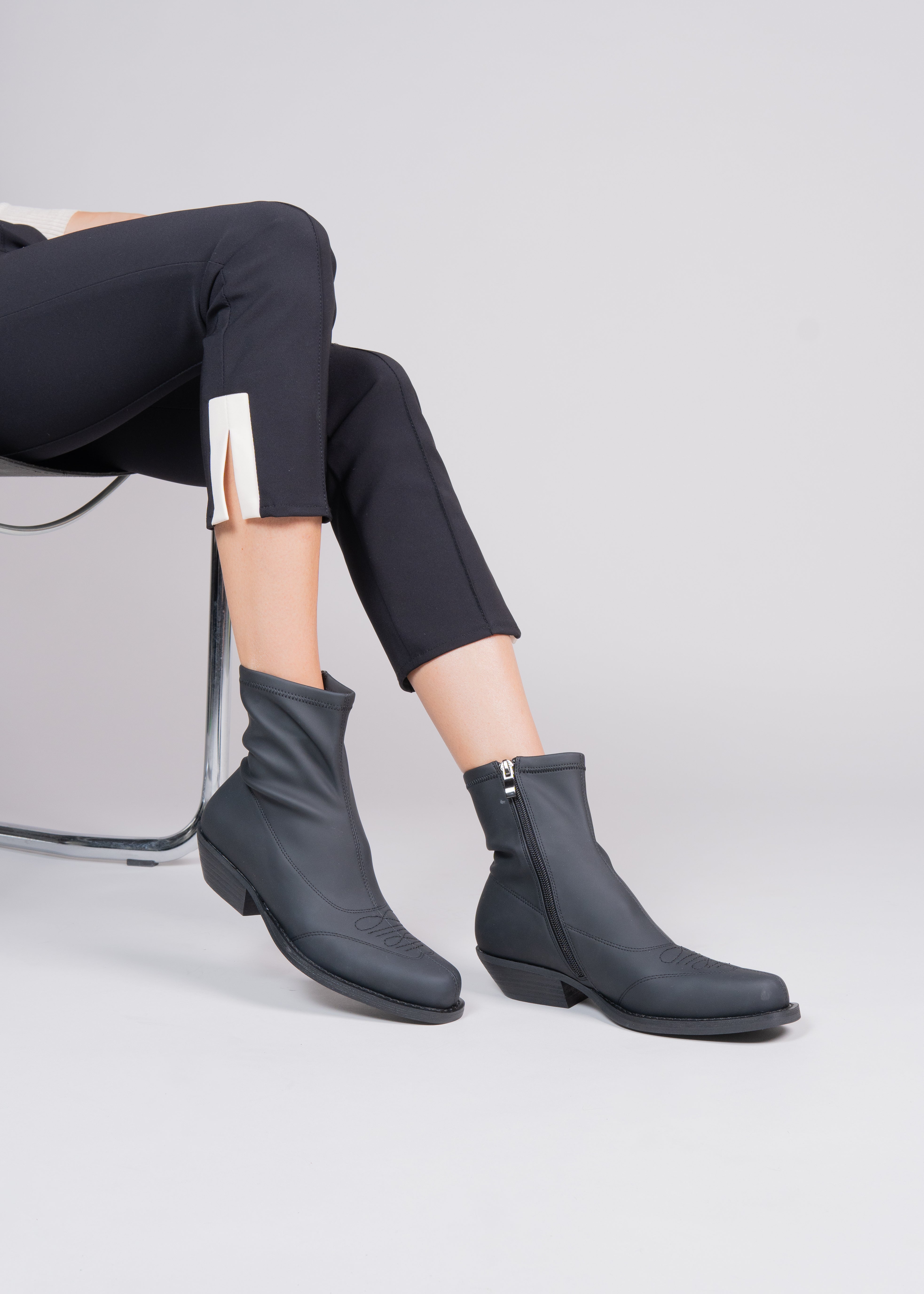 PAMELA - BLACK RUBBERIZED NEOPRENE STRETCH ANKLE BOOT