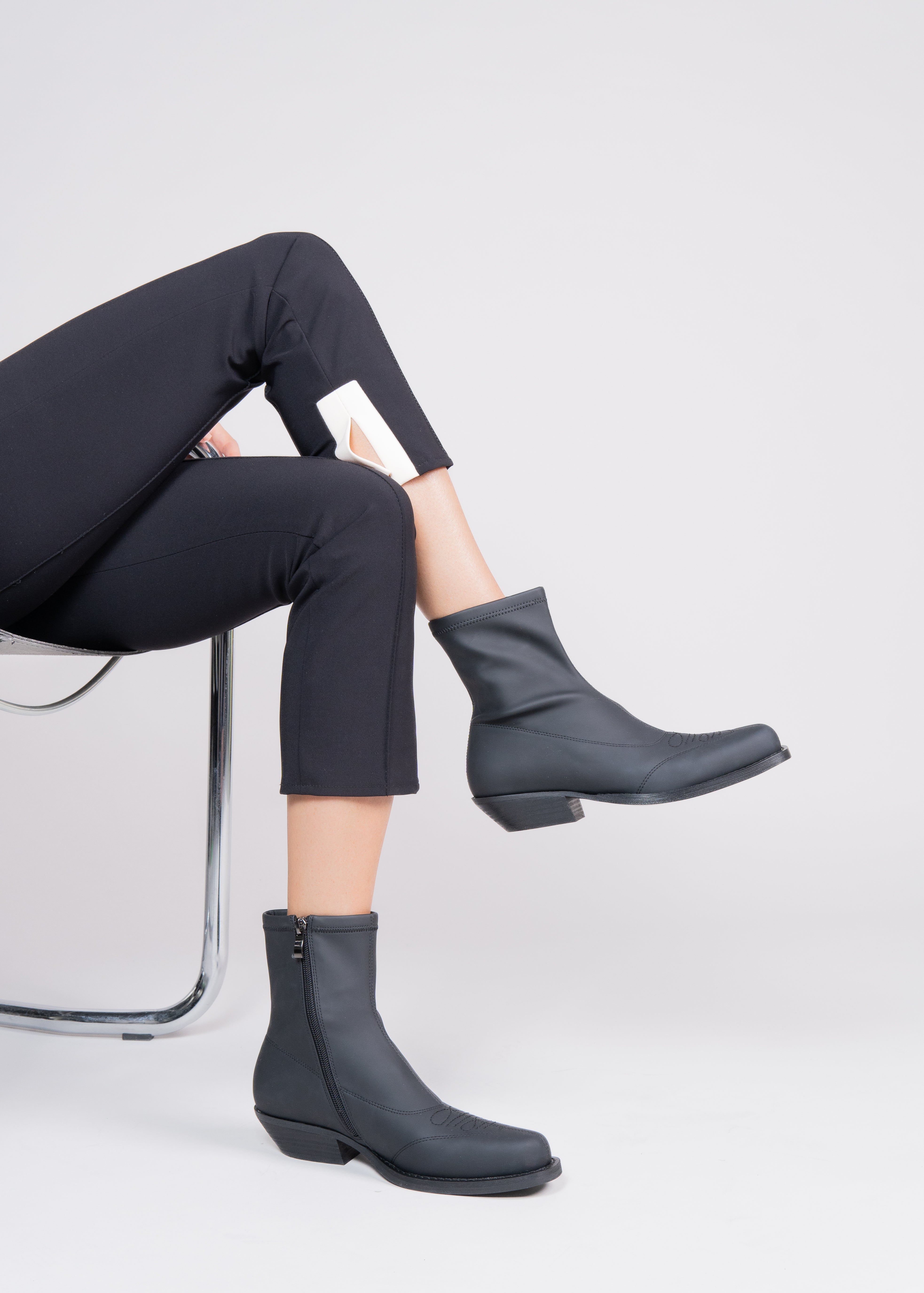 PAMELA - BLACK RUBBERIZED NEOPRENE STRETCH ANKLE BOOT