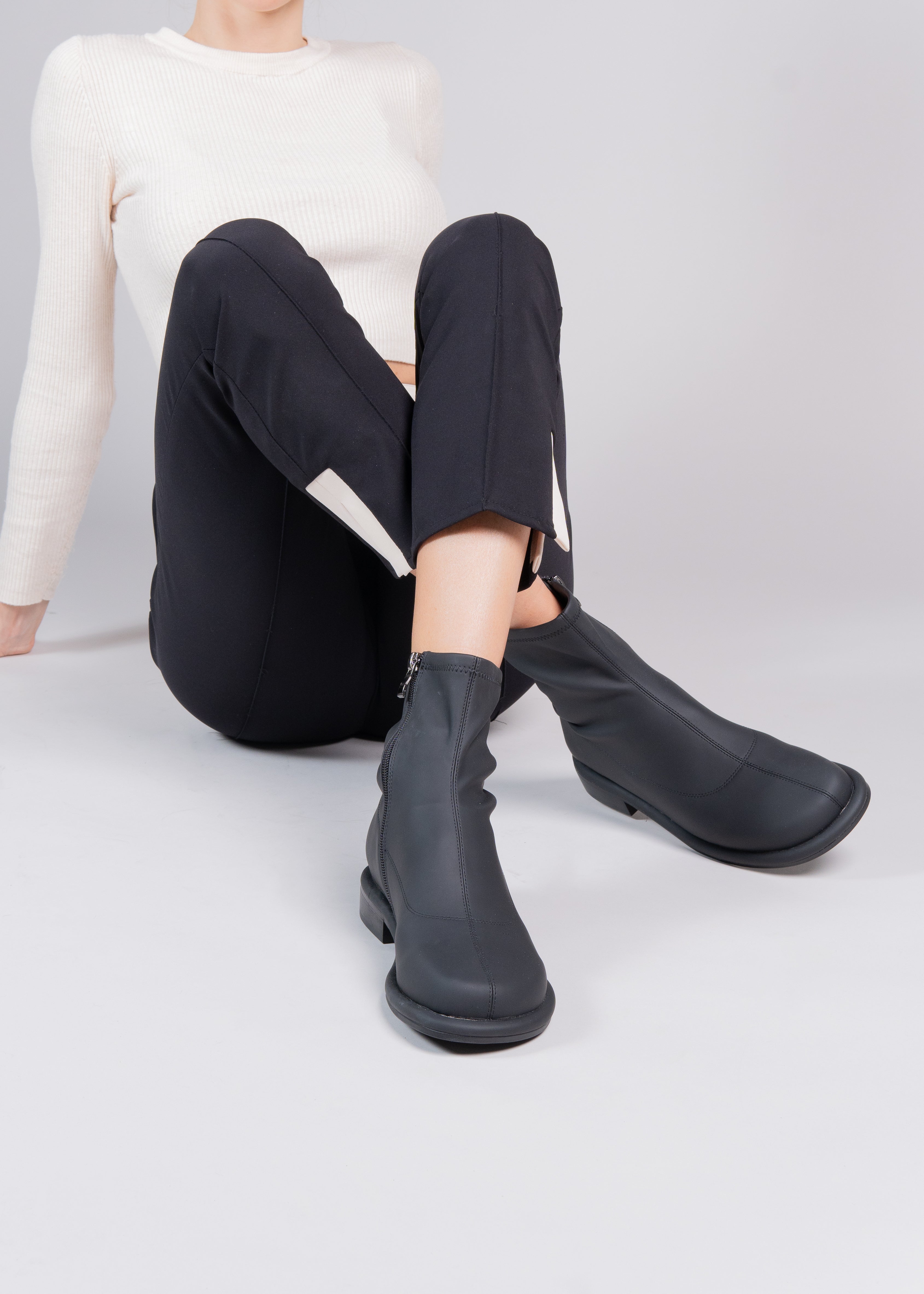 PHOEBE - BLACK RUBBERIZED NEOPRENE STRETCH ANKLE BOOT