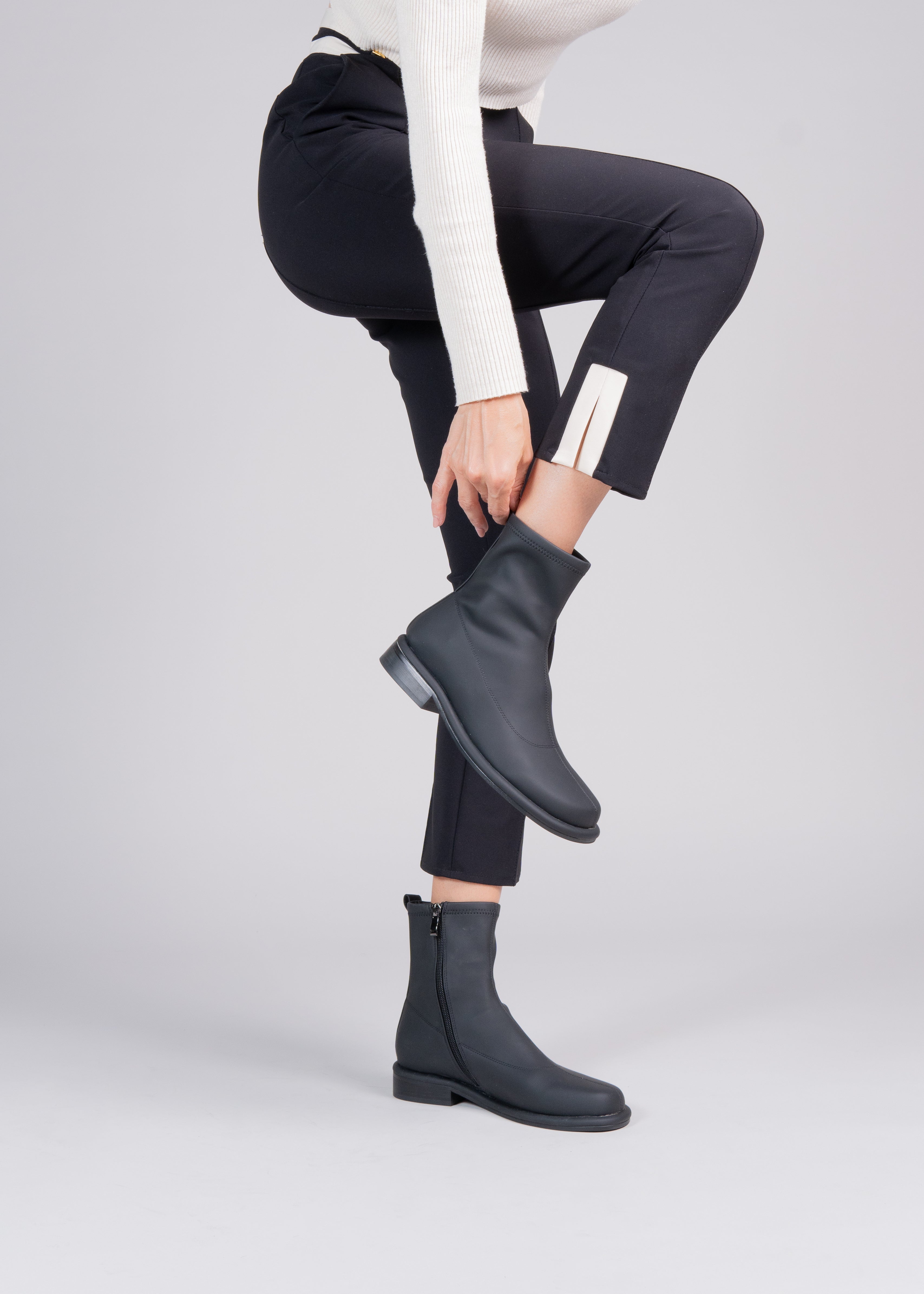 PHOEBE - BLACK RUBBERIZED NEOPRENE STRETCH ANKLE BOOT