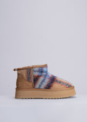 POLLY - BLUE CAMEL TARTAN WOOL AND SHEARLING ANKLE BOOT