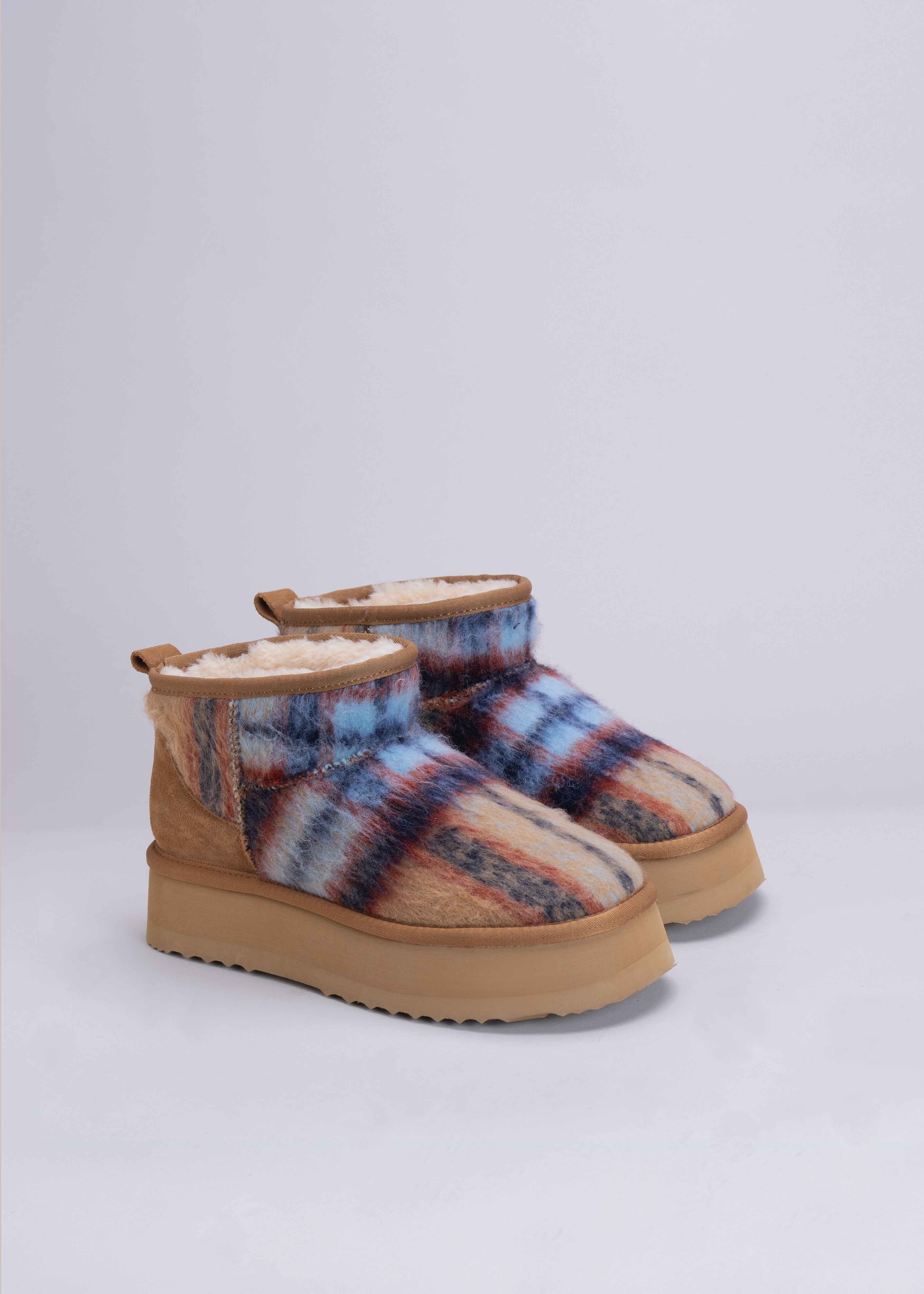 POLLY - BLUE CAMEL TARTAN WOOL AND SHEARLING ANKLE BOOT