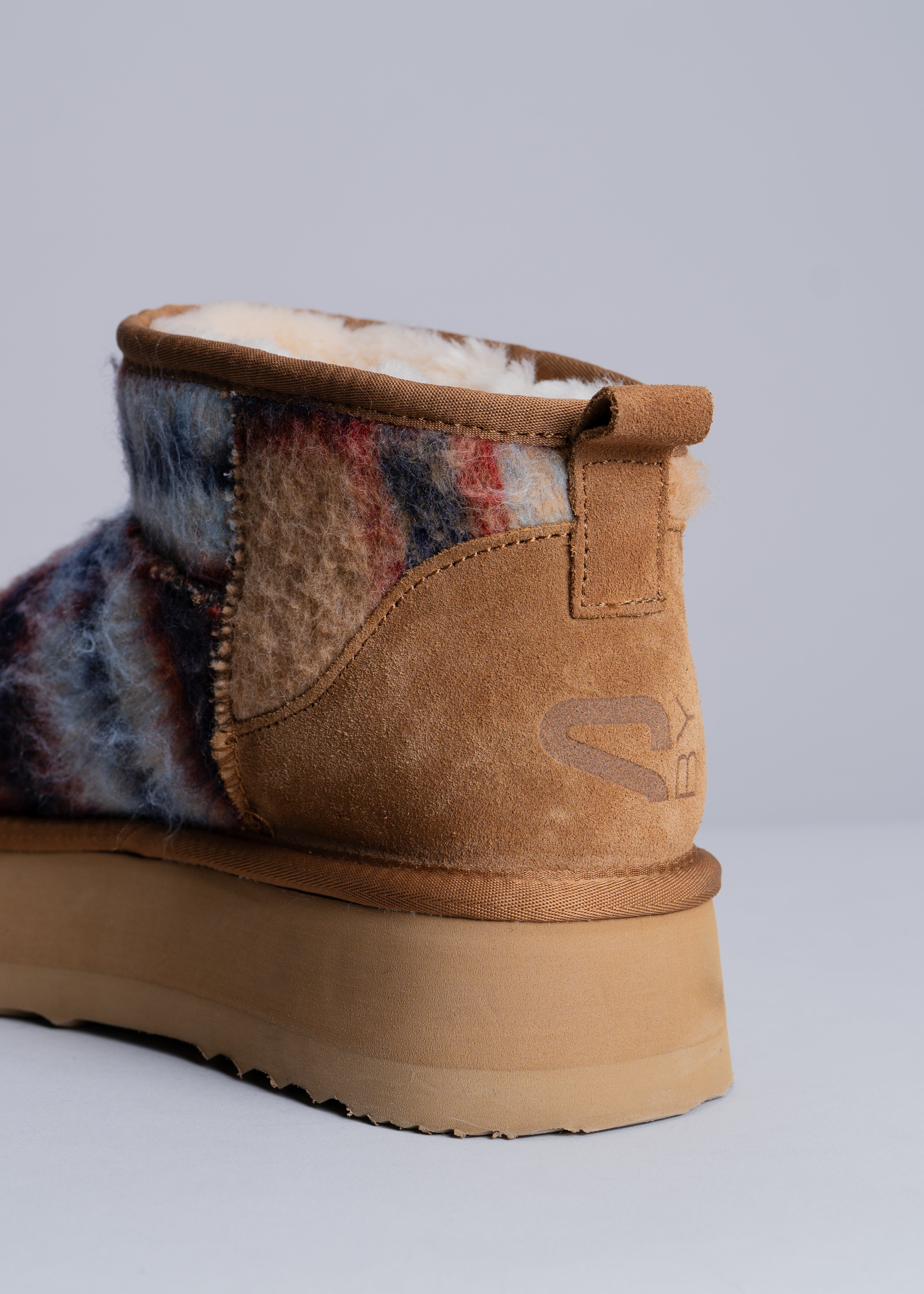 POLLY - BLUE CAMEL TARTAN WOOL AND SHEARLING ANKLE BOOT