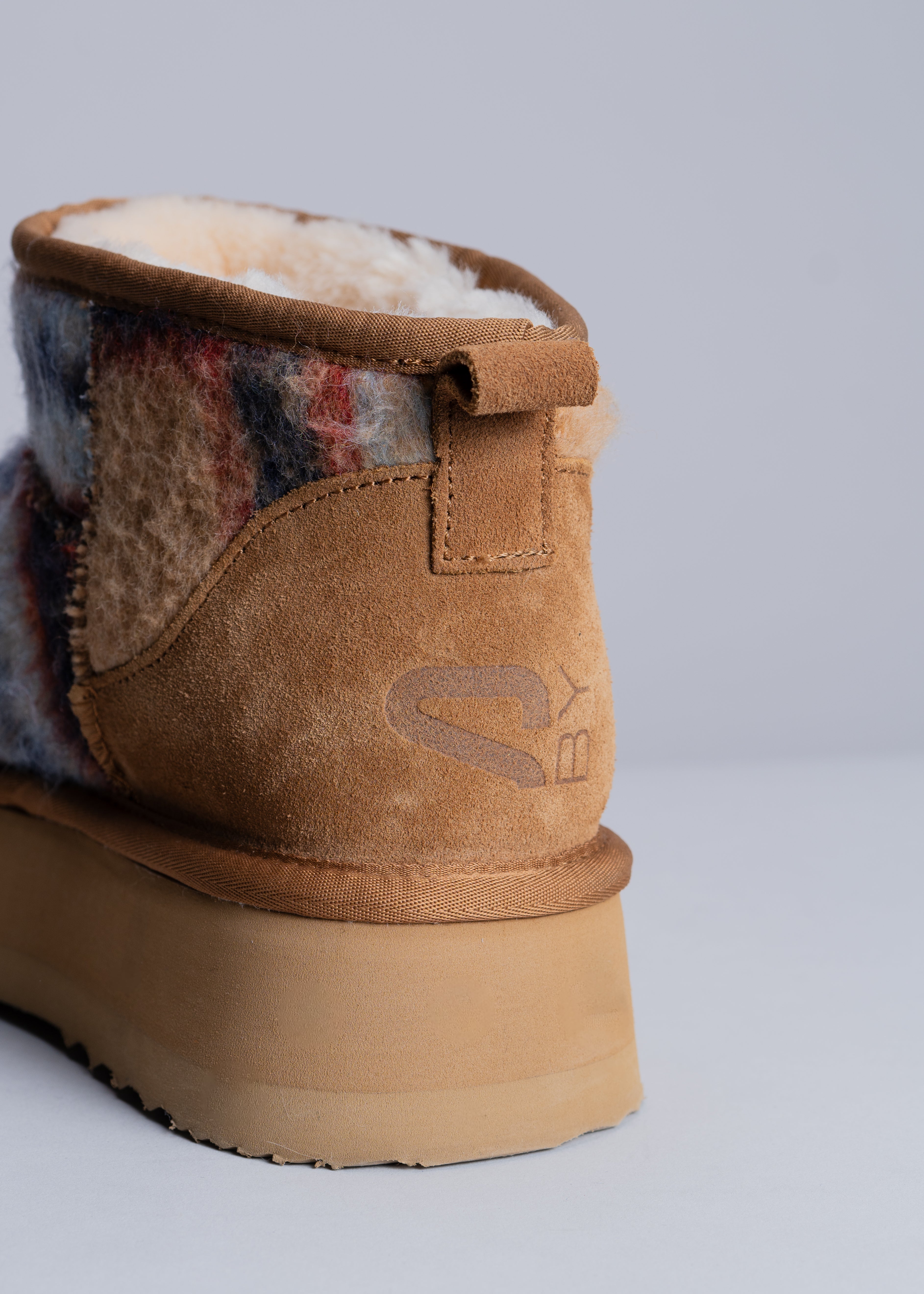 POLLY - BLUE CAMEL TARTAN WOOL AND SHEARLING ANKLE BOOT
