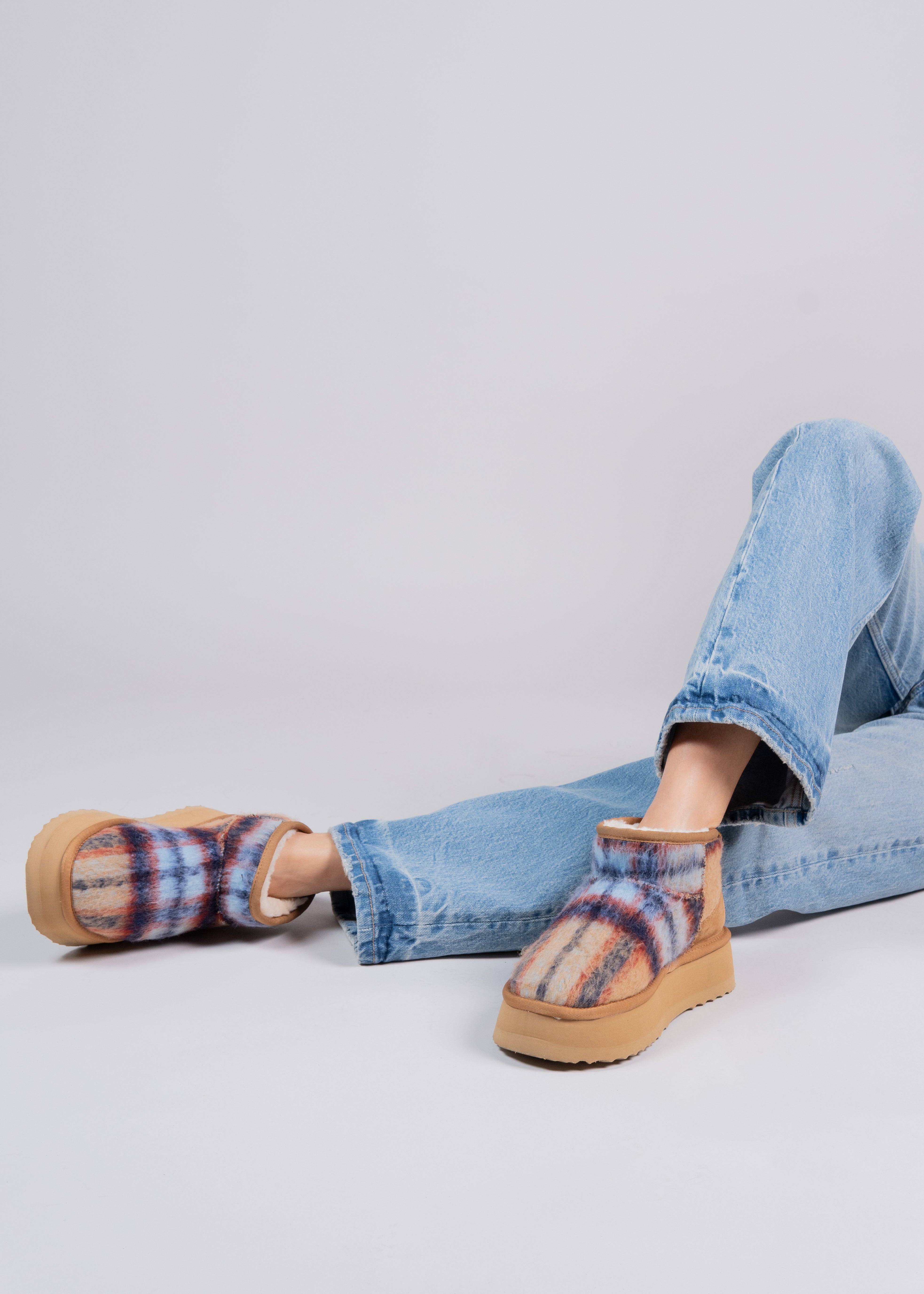 POLLY - BLUE CAMEL TARTAN WOOL AND SHEARLING ANKLE BOOT