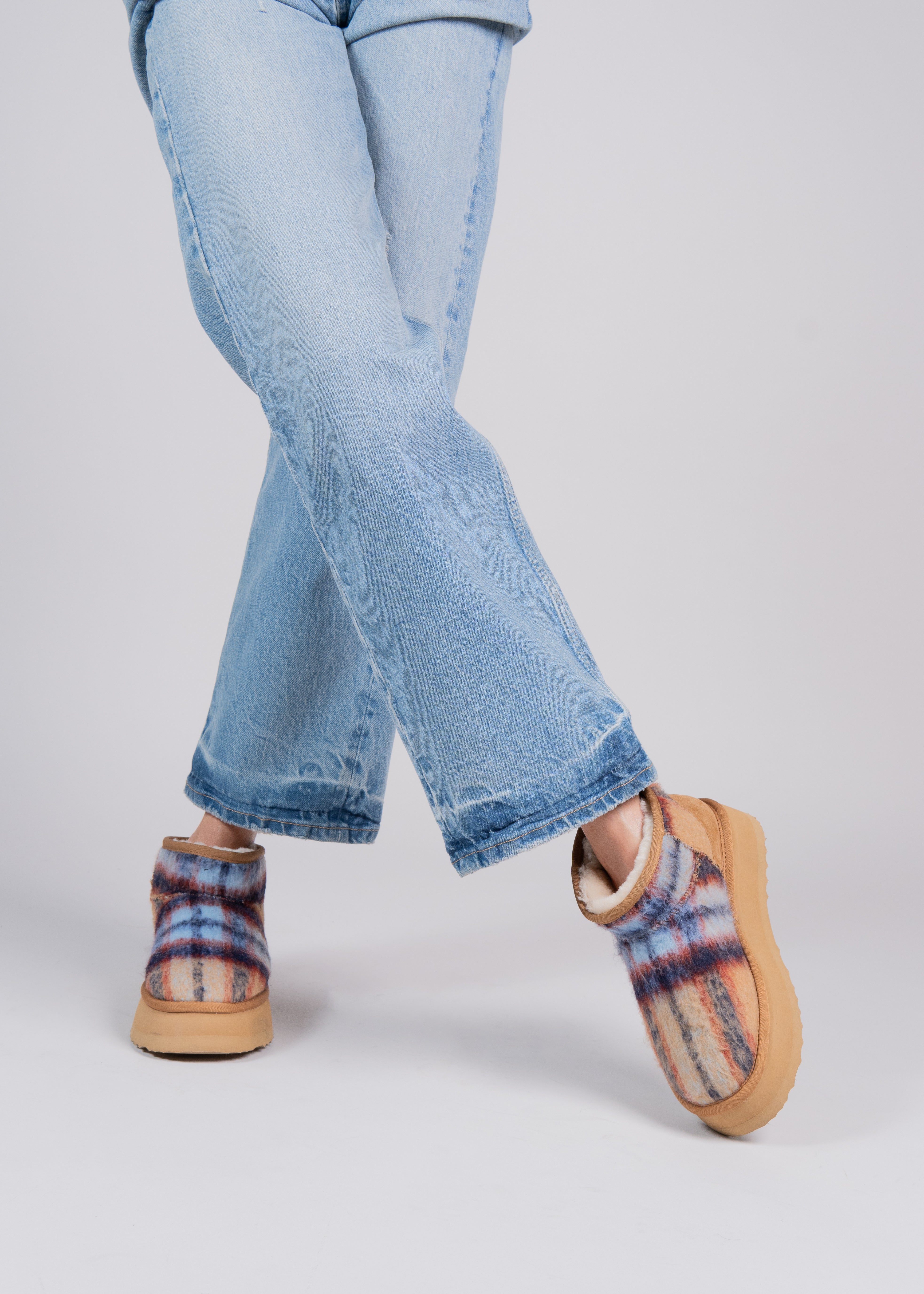 POLLY - BLUE CAMEL TARTAN WOOL AND SHEARLING ANKLE BOOT