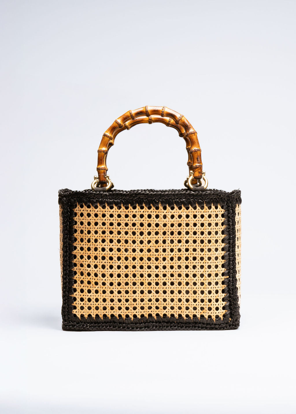 RIDA - NATURAL AND BLACK RAFFIA BAG WITH BAMBOO HANDLES